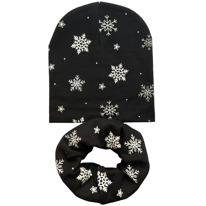 Black Snowflake Set Новая осенне-зимняя детская шапка, комплект для мальчиков и девочек, шарф на шею, весенний теплый шейный платок, детские вязаные шапки, комплекты, хлопковая детская шапка, шарф - Цвет: Black Snowflake Set