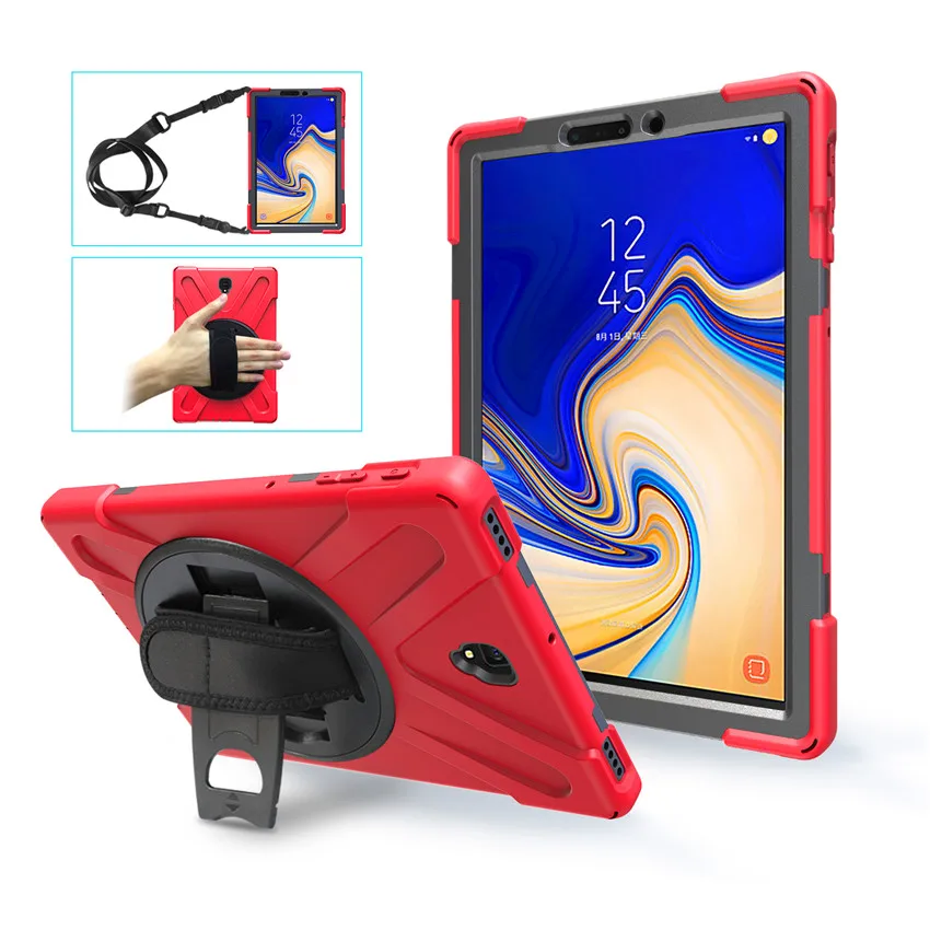 Чехол для Samsung Galaxy Tab S4 10,5 '' T830 T835 с подставкой на 360 градусов/ремешком на руку и плечевым ремнем+ 2 шт. из закаленного стекла - Цвет: Красный