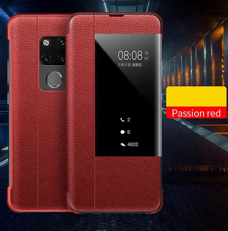 Smart Touch Window View Genuine Leather Flip Cover Case For Huawei P30 P20 lite Mate 9 10 20 Pro Phone Case For Huawei P10 Plus - Цвет: red