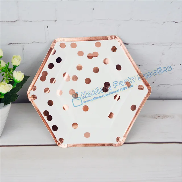 40pcs Gold Hexagonal Shaped Party Plates Foil Rose Polke Dot Floral ... 40pcs Gold Hexagonal Shaped Party Plates Foil Rose Polke Dot Floral ...