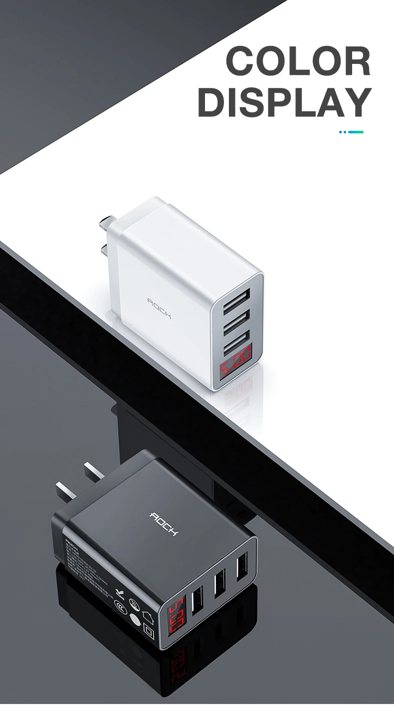 3 USB зарядное устройство US Plug Rock цифровой дисплей 5в-3.1a Макс Быстрая зарядка дорожный адаптер для iPhone X XS MAX samsung huawei Xiaomi