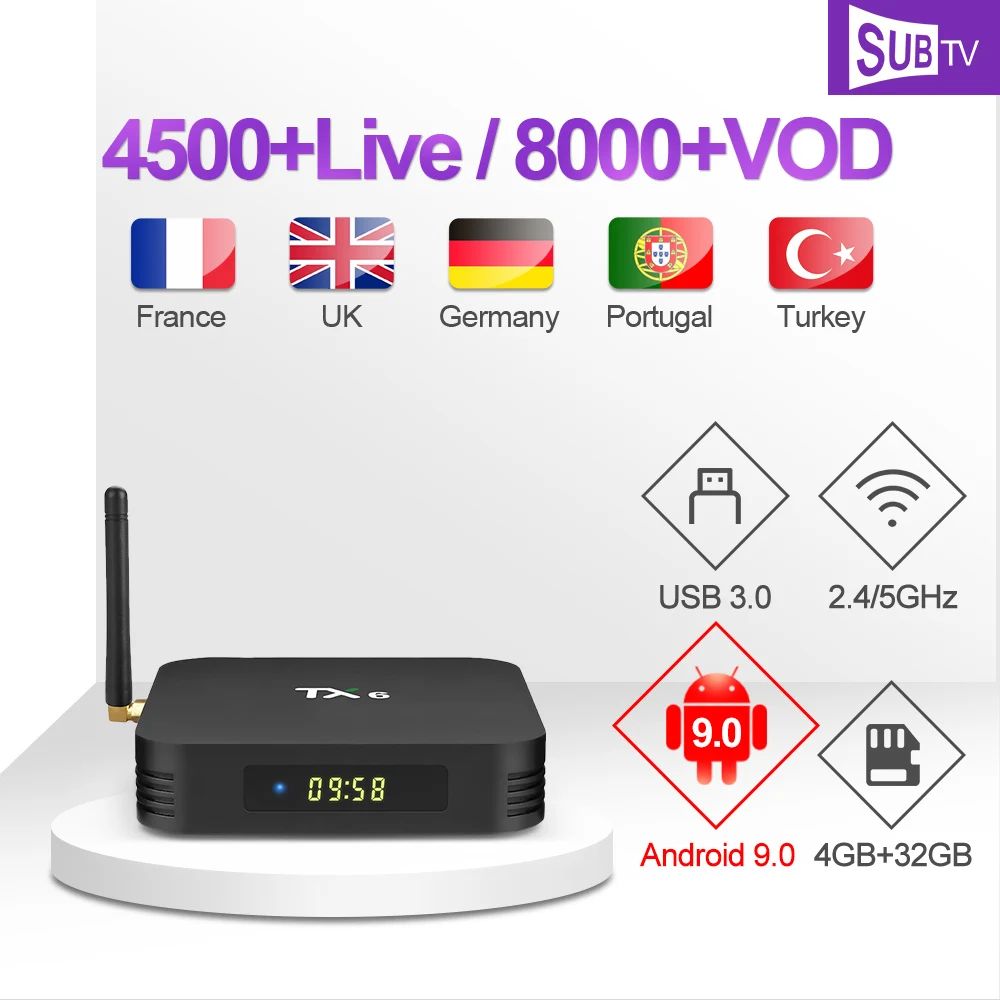 

SUBTV IPTV France Arabic Subscription TX6 Android 9.0 TV Box 4G 32G H.265 FULL HD 1 Year SUBTV IPTV Belgium Netherlands Arabic