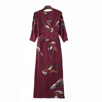 

Women Half Sleeve Split Dress Silk Bird Print V Neck Slim Midi Dress