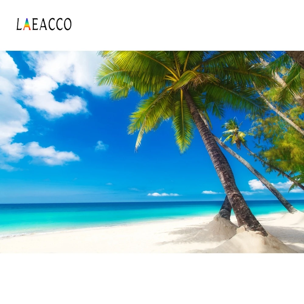 Laeacco тропический пляж фон лето фотографии фоны Пальма голубое небо облака фотографический фон для фотостудии
