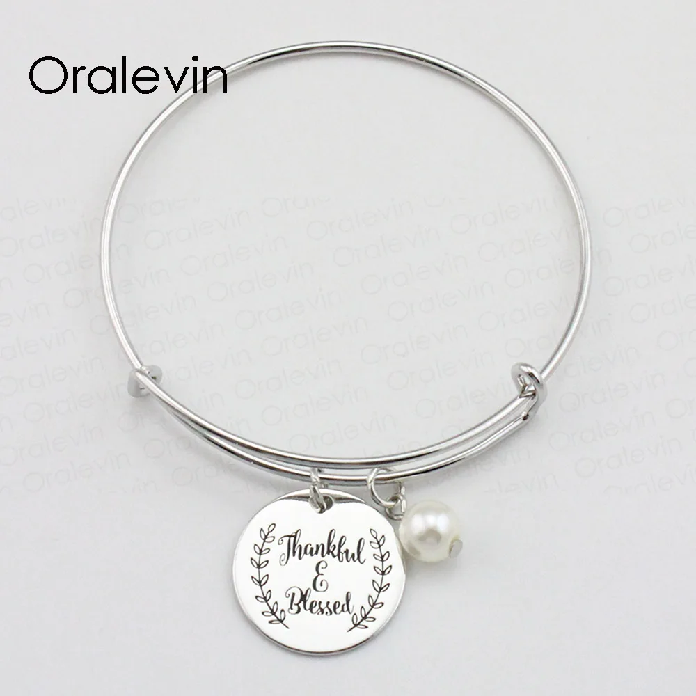 

THANKFUL BLESSED Inspirational Hand Stamped Engraved Pendant Wire Expandable Bracelet Bangle Fashion Jewelry, #LN1962B