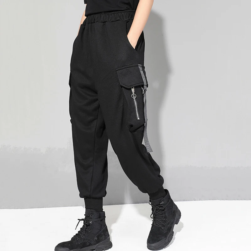 [EAM] 2020 New Autumn Winter High Elastic Waist Black Pocket Split Joint Ribbon Loose Harem Pants W