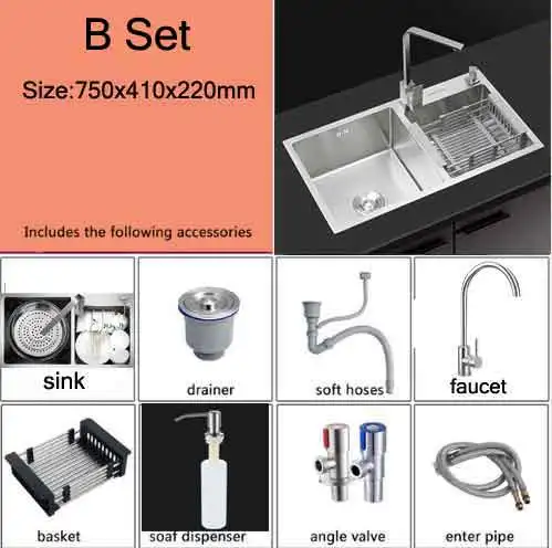 304 Stainless Steel 4MM Thickened Manual Sinks Double bowl Sinks Kitchen sink faucet tap vegetable washing basin Set - Цвет: 7541B