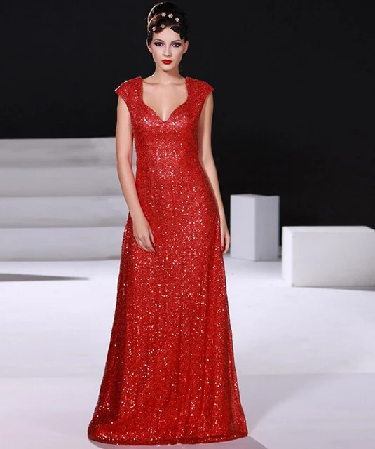 2015 The most beautiful evening dress with sequined red yellow long