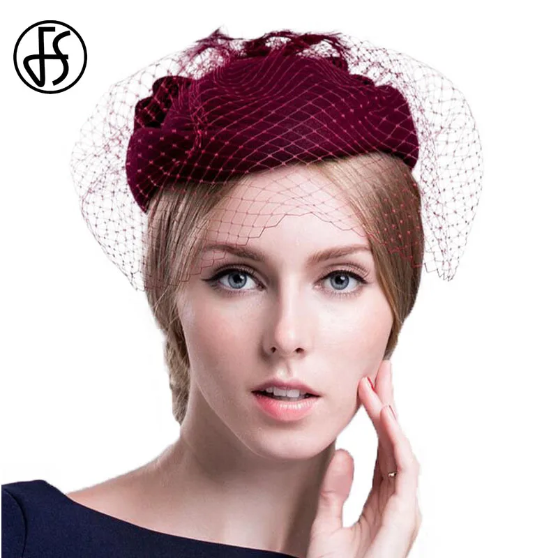 

FS 100% Australian Merino Wool Red Pillbox Hat With Veil For Women Elegant Bowknot Wedding Hat Fascinator Base Fedora