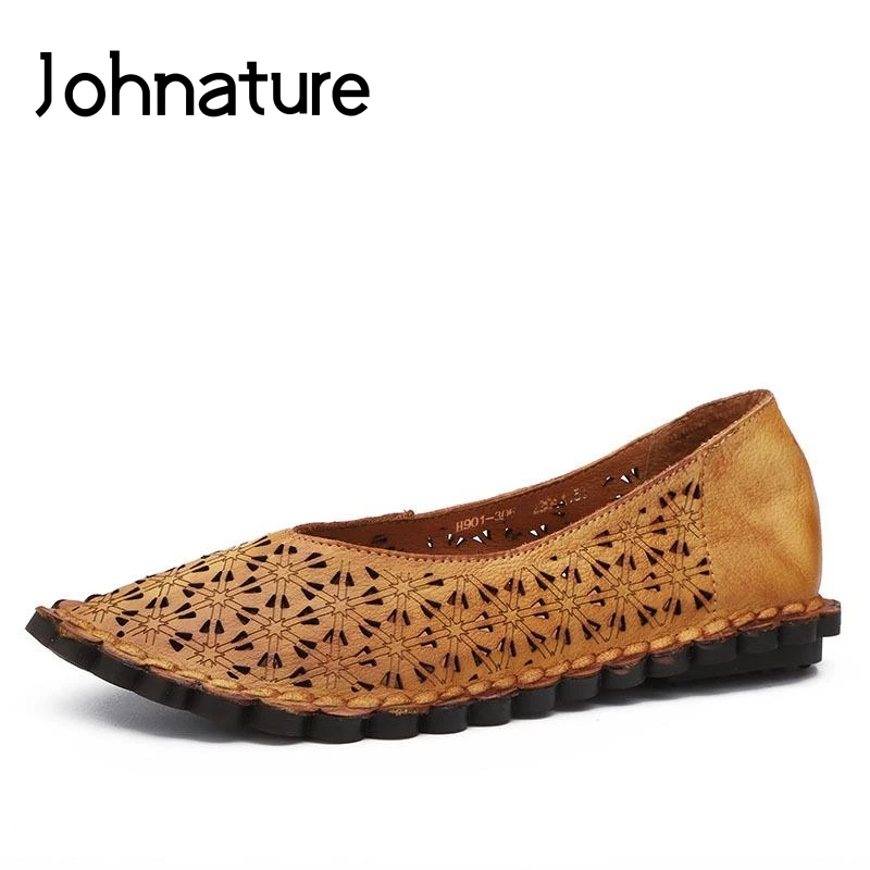 

Johnature 2019 New Spring/Summer Retro Casual Round Toe Hollow Shallow Soft Sole Loafers Women Genuine Leather Flats Shoes