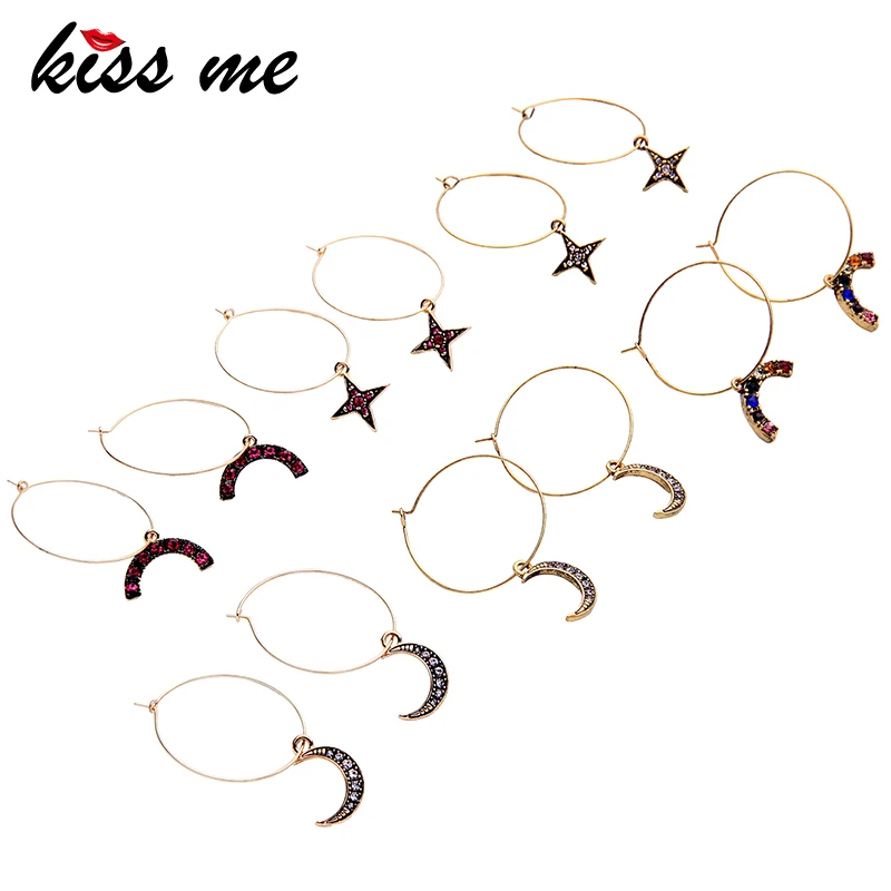 

KISS ME 6 Styles U Shape Star Moon Crystal Hoop Earrings Gold Color Alloy Fashion Earrings for Women Retro Accessories
