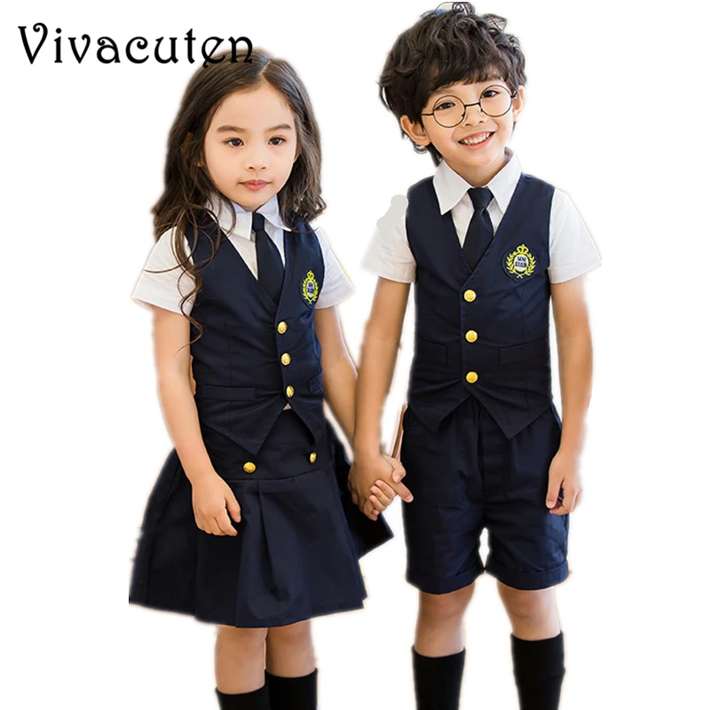 

New Children Japanese Student School Uniforms Set Cotton Suit for Girls Boys Waistcoat Vest Shirt Skirt Shorts Tie Clothes F153