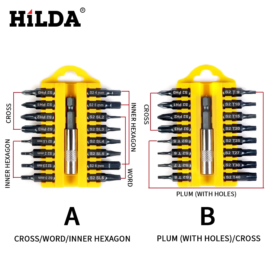 HILDA 17 шт. Набор бит с шестигранной звездочкой и защитой от вскрытия, магнитный держатель, отвертка, биты, беспроводные сверла, отвертки, биты