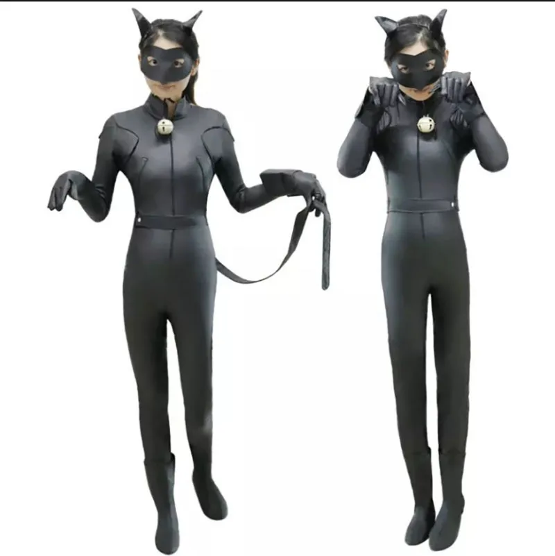 Kid Girls Halloween Miraculous Ladybug Cat Noir Catsuit Costume With Mask Black Romper Bodysuit
