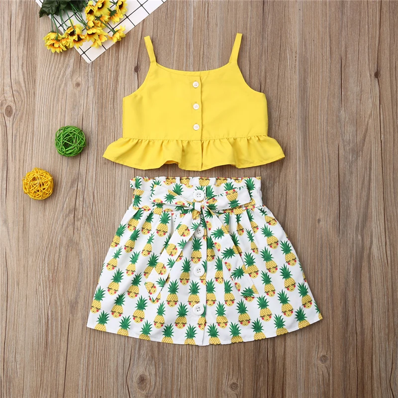

2019 Sleeveless Yellow Summer Tops Pineapple Skirts Outfit Clothing Costume 2PCs Kids Newborn Kids Baby Girl Clothes Set