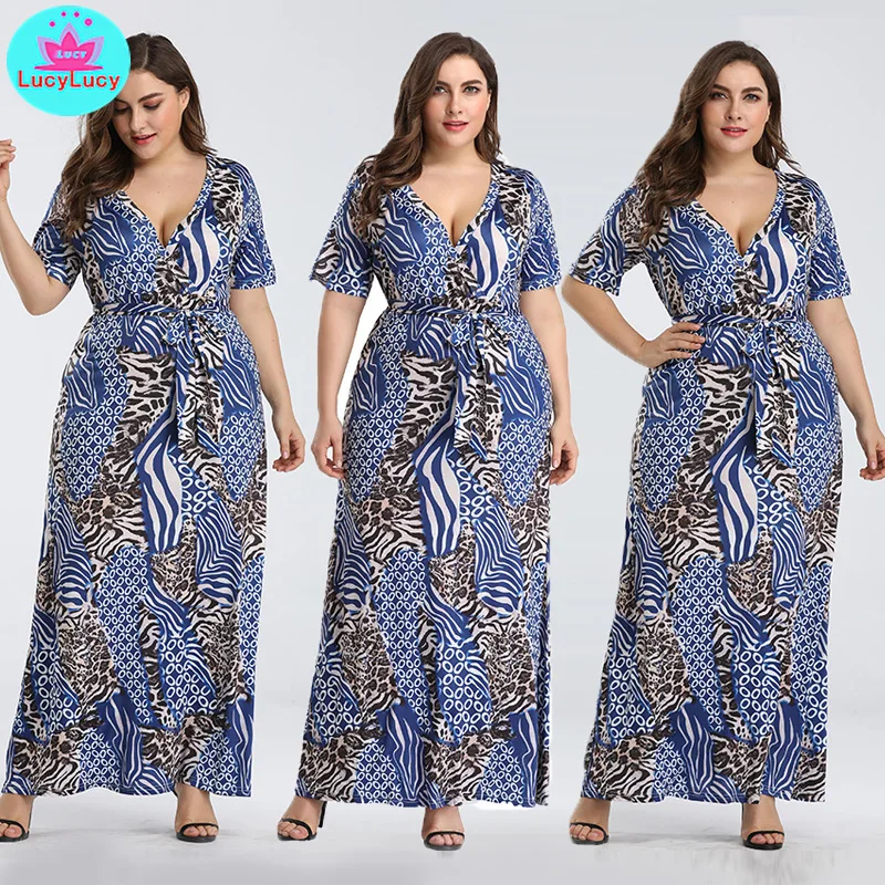 

2019 summer women's Russian new V-neck sexy split large size summer print big swing dress Ankle-Length Short