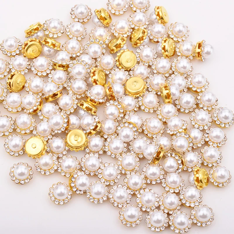  JUNAO 8 10 12 mm Sewing White Pearl Rhinestone Gold Applique Round Flower Crystal Stone Sew On Diam - 33013710034