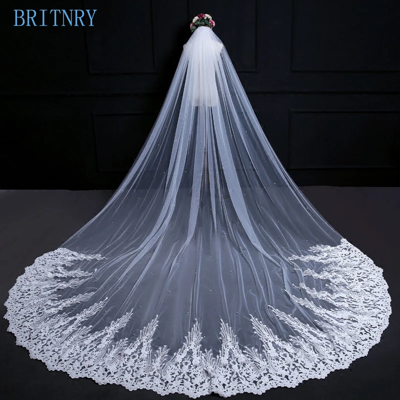 BRITNRY New Arrivals 3.8M Wedding Veil Long Lace Edge with Pearls