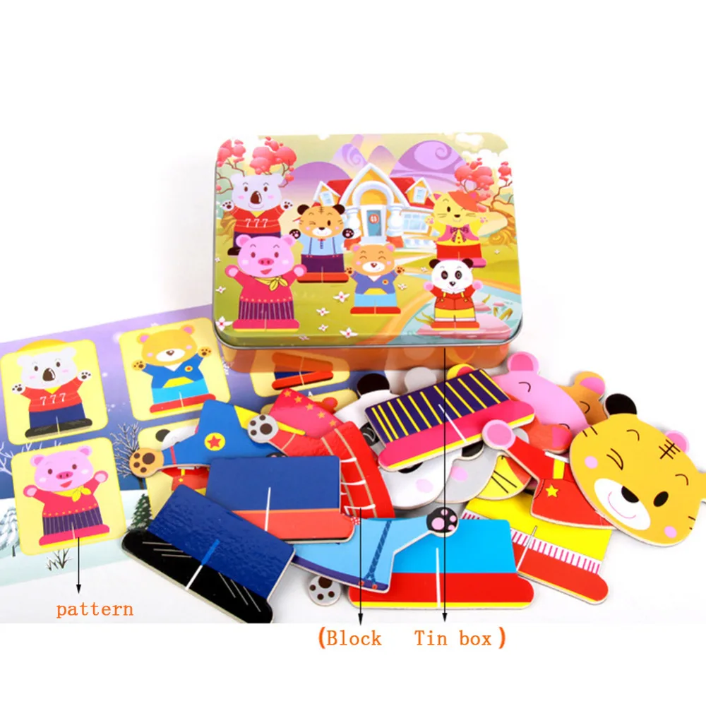 Baby Wooden Magnetic 3D Puzzle Cute Bear Dress Changing Jigsaw Puzzle Cartoon Animal Children Educatinal Toys with Iron Box