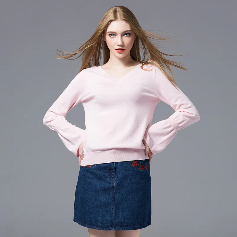 Femmes Chandail Euro Tricoté Col Flare Couleur Simple 2018 Nouveau Jersey Pur Pull Mode Tous Manches V Pink Assortie Style Tggq6wF
