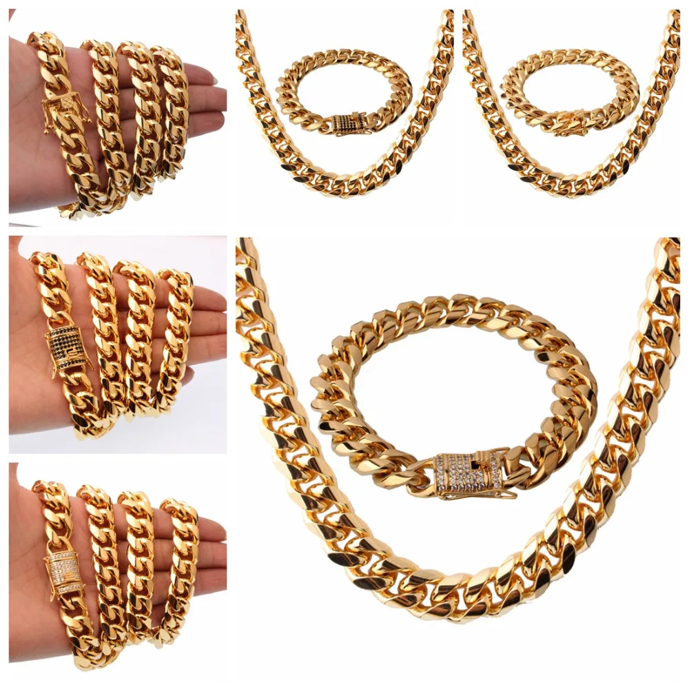 

15mm Wide Gold Color Bracelet(22cm)&Necklace(61cm) Jewelry Sets For Biker Men's Stainless Steel Curb Cuban Link Chain