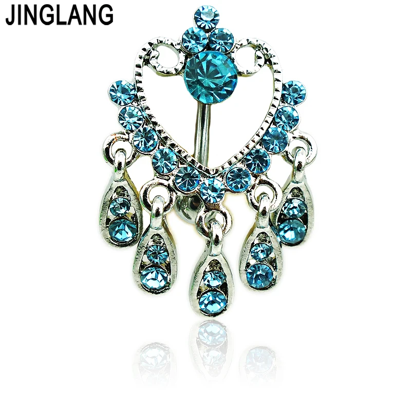 

JINGLANG Silver Color Belly Button Rings Stainless Steel Barbells Dangle Lake Blue Rhinestone Navel Rings Piercing Body Jewelry