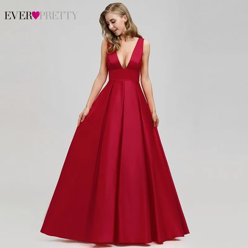 

Sexy Red Evening Dresses Long Ever Pretty Satin A-Line Double V-Neck Elegant Formal Dresses Long Party Gowns Robe De Soiree 2019