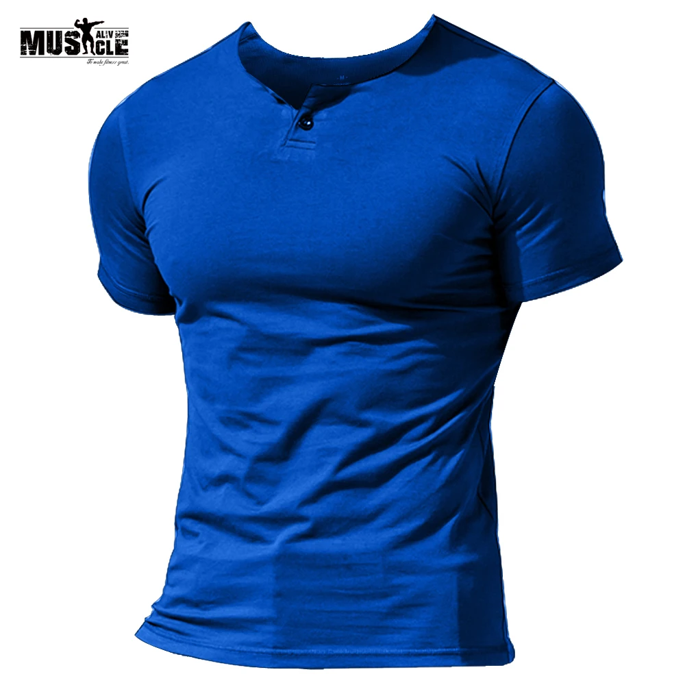 

MUSCLE ALIVE Men's Bodybuilding T-shirts Gym Clothing Henleys T-Shirt Single Button Placke Training Running T shirt Cotton