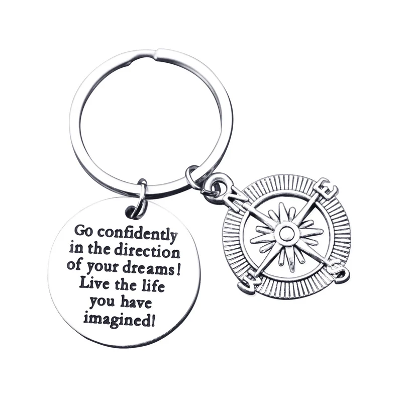 

Compass Keychain Stainless Steel Key Ring Key Chain Inspirational Jewelry Back to School Gift Go confidently in the direction..