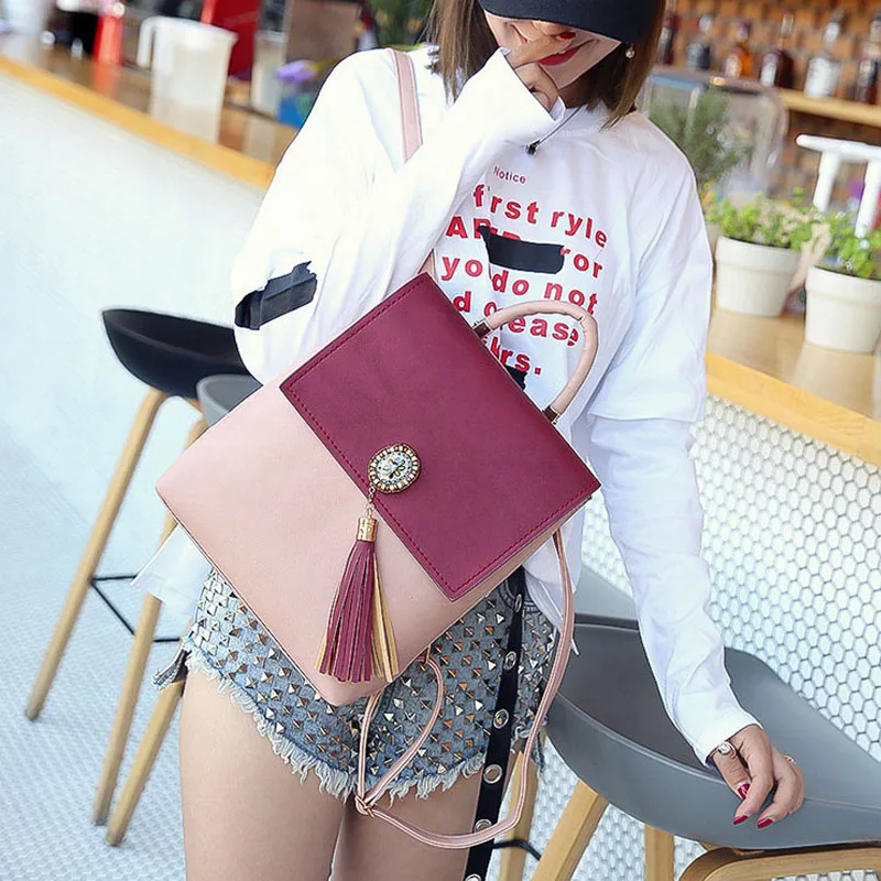 Women Backpack Tassel PU Leather Panelled Female Travel Backpacks Fashion Girl School Bag Mini Design Lady Daily Mochila BP0193 (11)