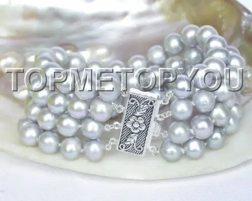 

Wholesale price 16new ^^^^8" 4row 10mm Gray round FW pearls bracelet 925 silver clasp E34