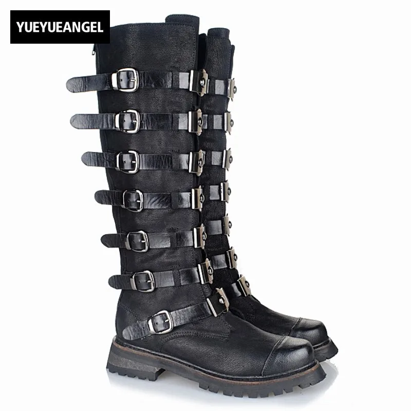 

Designer Handmade Women Shoes Street Genuine Leather Buckle Strap Thigh High Boots Winter Thick Heels Knee High Boots Plus Size