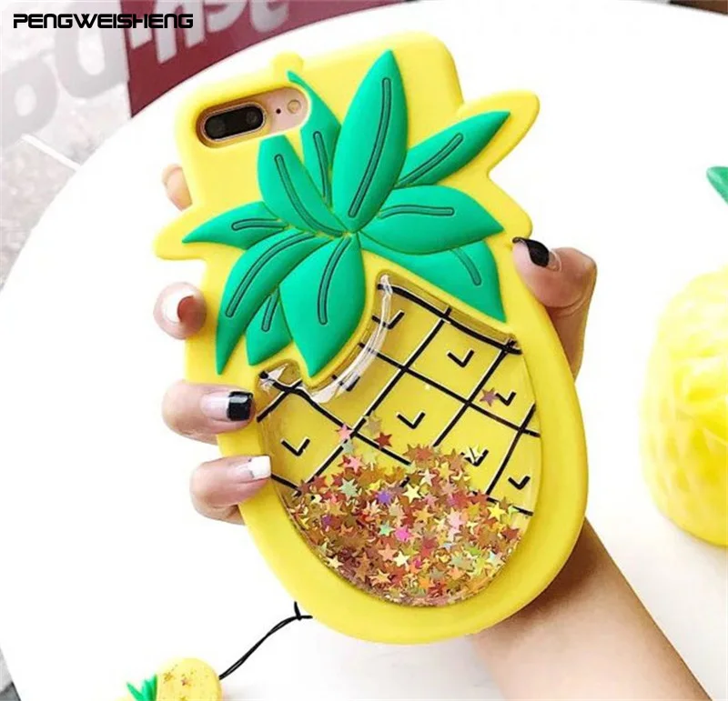 PENGWEISHENG 3D Liquid Quicksand Case For iPhone 6 6S 7 8 Plus X 3D Star Sequin Pineapple Soft Silicone Phone Cases With Belt