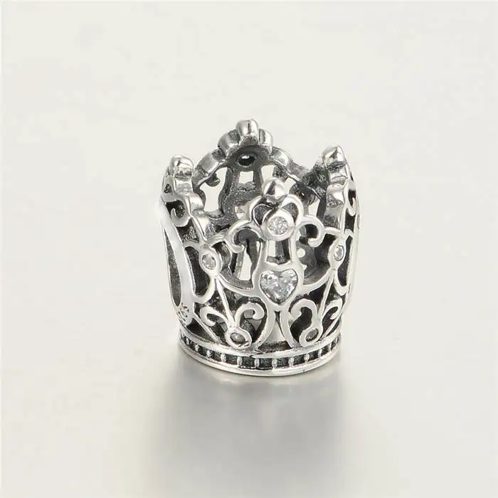 

New Princess Crown Openwork 925 Sterling Silver Charm Bead with Cubic Zirconia Suitable for Pandora Style Charm Bracelets