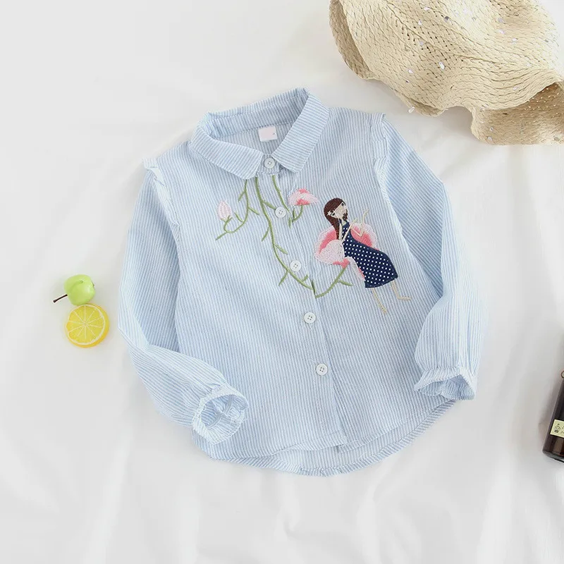 

2019 Spring and Autumn Girls Long Sleeve Cotton Children's Shirt Cartoon Embroidered Lapel Children's Shirt Girls Tops
