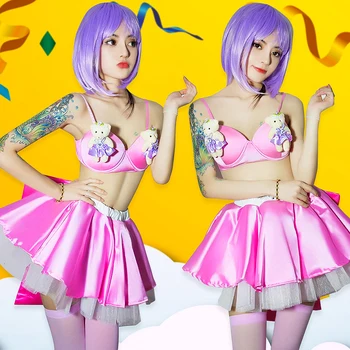 

Holographic Jazz Costume Ds Stage Costumes For Singer Sexy Nightclub Dj Female Singer Pink Bra Tutu Skirt Suit Party Wear DL3951