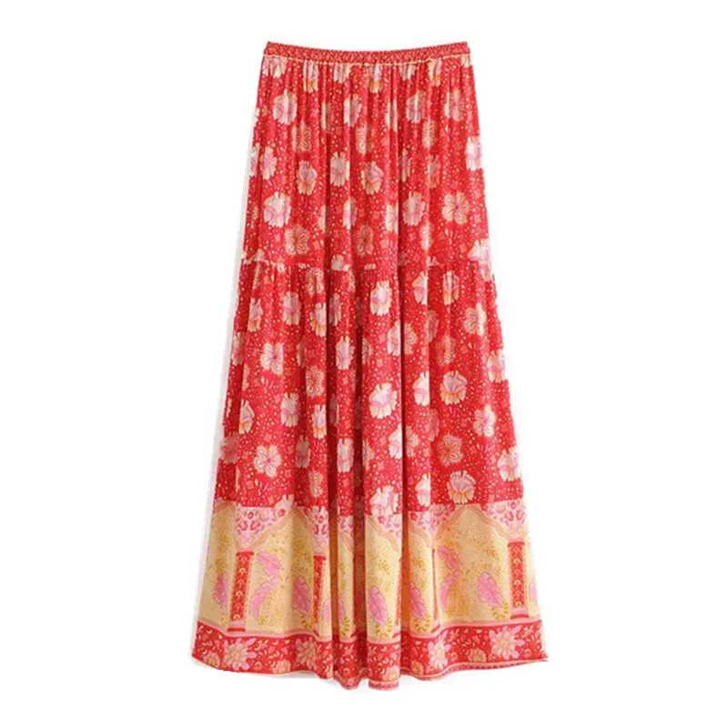 2019 Bohemian Flower Print Long Skirt Red Holiday Women Stitching pleated Lacing up Stream Elastic Waist Swing Skirts Beach