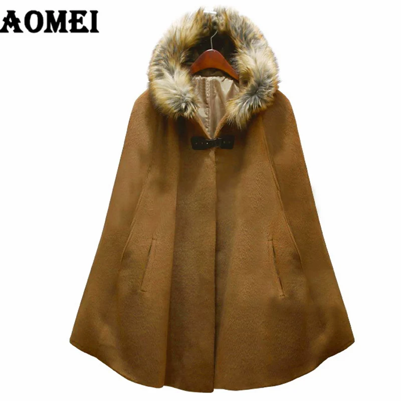 

New 2019 Fashion Women Winter Woolen Warm Cloak Ponchos Cape Coat Wool Blend Outerwear with Fur Hat Outcoat Loose Manteau Female