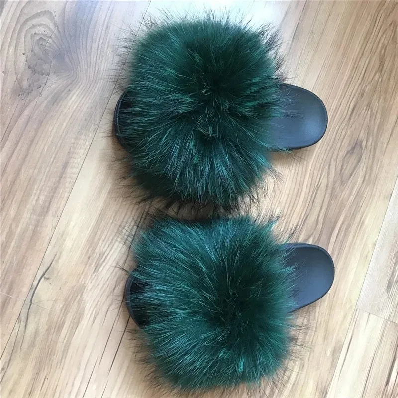 Fluffy Slippers Real Fox Fur Slides Indoor Flip Flops Casual High Recommend Raccoon Fur Sandals Vogue Plush Shoes