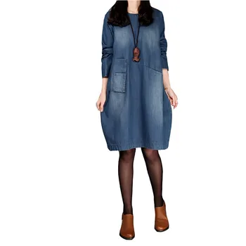 

Spring Dresses New Large size Loose Women Denim Dress Simple Casual Long-sleeved Round neck Comfortable Women Denim Dress DT0005