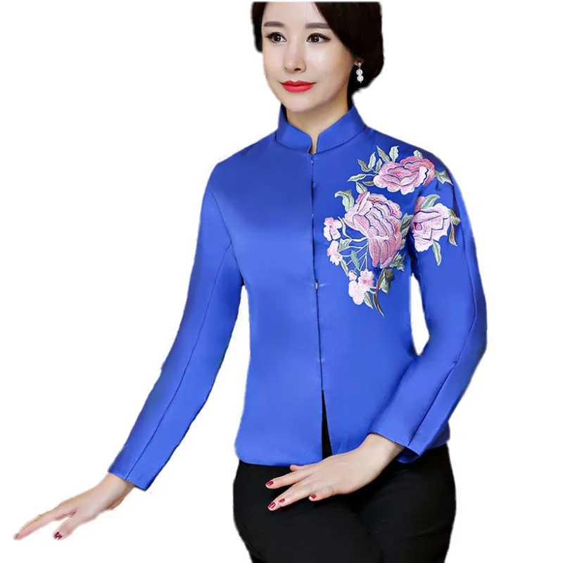 

Blue Traditional Chinese Women Coat 2017 Autumn Winter Printed Flower Blouse Elegant Mandarin Collar Jacket Hot Sale S-XL