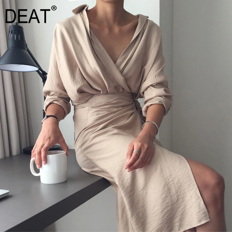 

[DEAT] 2019 New Spring Summer V-Neck Long Sleeve Waist Bandage Loose Big Size Temperament Dress Women Fashion Tide JU35