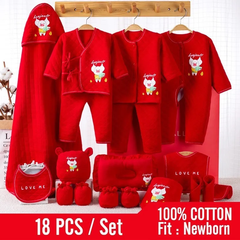 

18pcs/set Newborn Baby Suits Pure Cotton Baby Fashion Underwear Pig Year Gules Set Gift Box Infant Unisex Suit Autumn And Winter