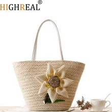 HIGHREAL New Rattan Handle Woven Bag Flowers Straw Bag Leisure Vacation Tote Beach Bag For Women Luxury Handbags Designer