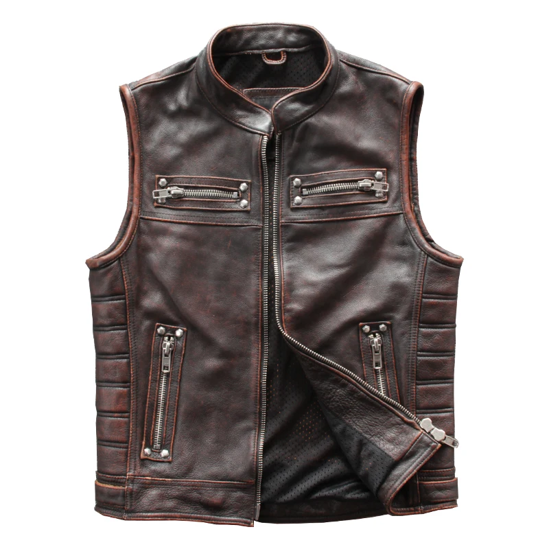 

2019 Vintage Brown Men Motorcycle Leather Vest Plus Size 4XL Genuine Cowhide Spring Slim Fit Biker's Natural Vest FREE SHIPPING