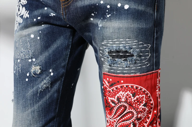 Италия человеку окрашенные точка зауженные мужские джинсы Emdroidery джинсы с пэчворком мужской Street Wear Quatliy удивительные брюки