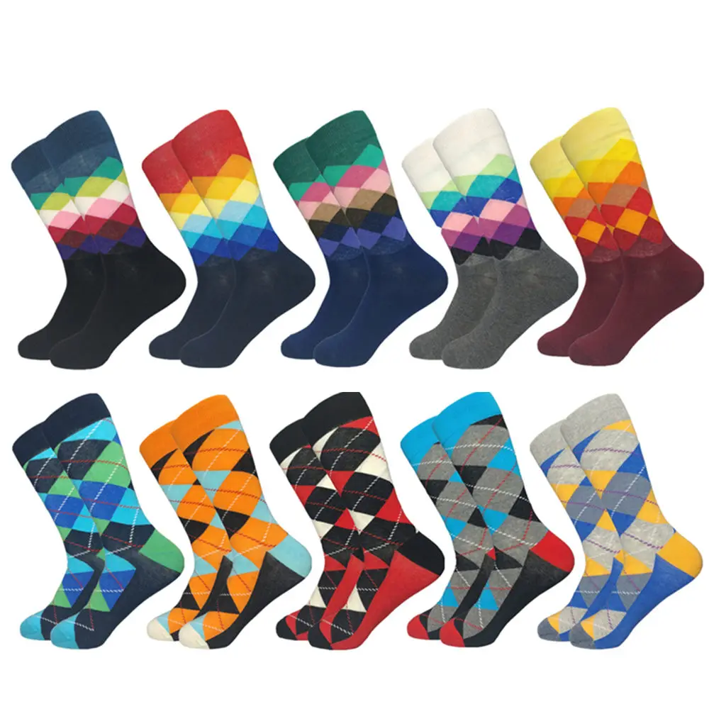 10 pairs of socks Горячая Распродажа повседневные мужские носки новые носки Осень и зима клетчатые Цветные счастливые деловые вечерние Хлопковое носки мужские - Цвет: 10 pairs of socks