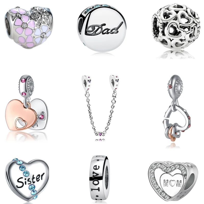 

Silver Plated Bead Dad's Love Charm Heart Crystal Charms Fit Original Pandora Bracelet Necklace DIY Women Jewelry Making