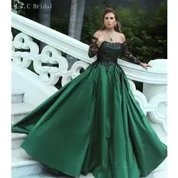 Темно зеленый арабское вечернее платье с открытыми плечами длинным рукавом черный кружево трапециевидной формы Выпускные платья 2019 Лидер