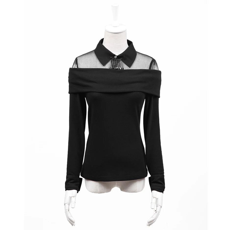 

Punk College Wind Silk T-Shirt for Women Classic Black Off Shoulder Tee Shirt Tops